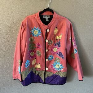 Indigo Moon Jacket Womens 1X Pink Floral Art To Wear Artsy Boho Embroidered